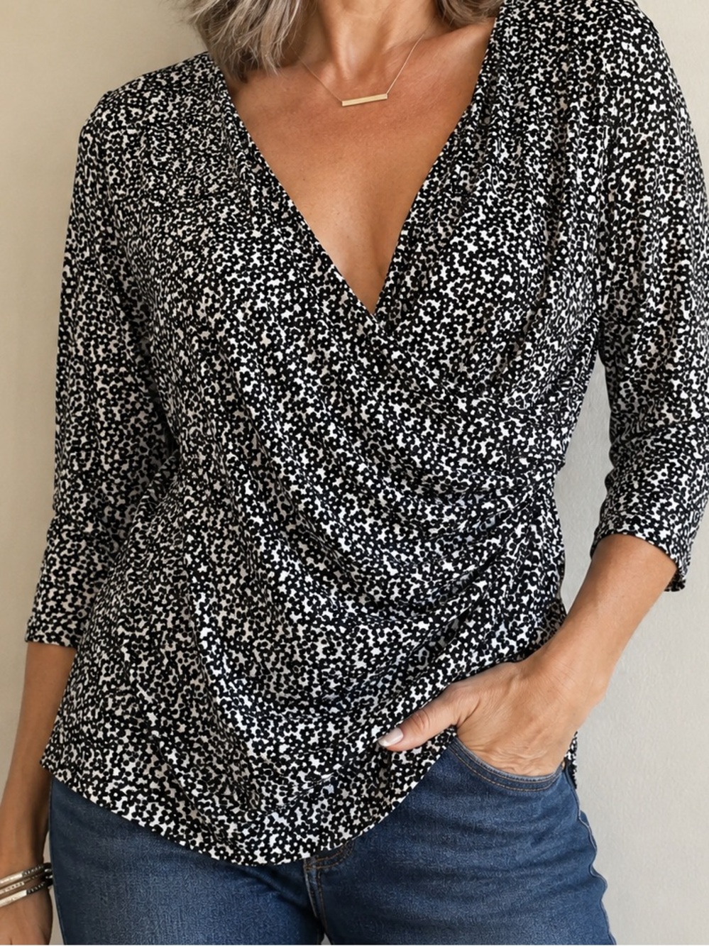 Ann Taylor Black and White Drape Neck Blouse